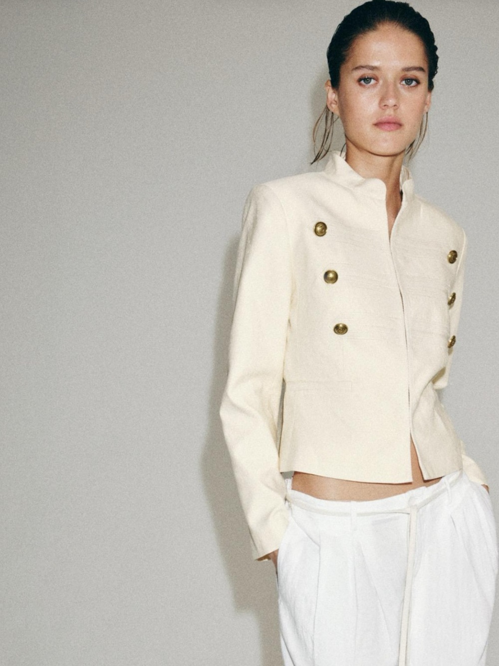 Zara Cream Double-Breasted Military-Style Blazer with Gold Buttons